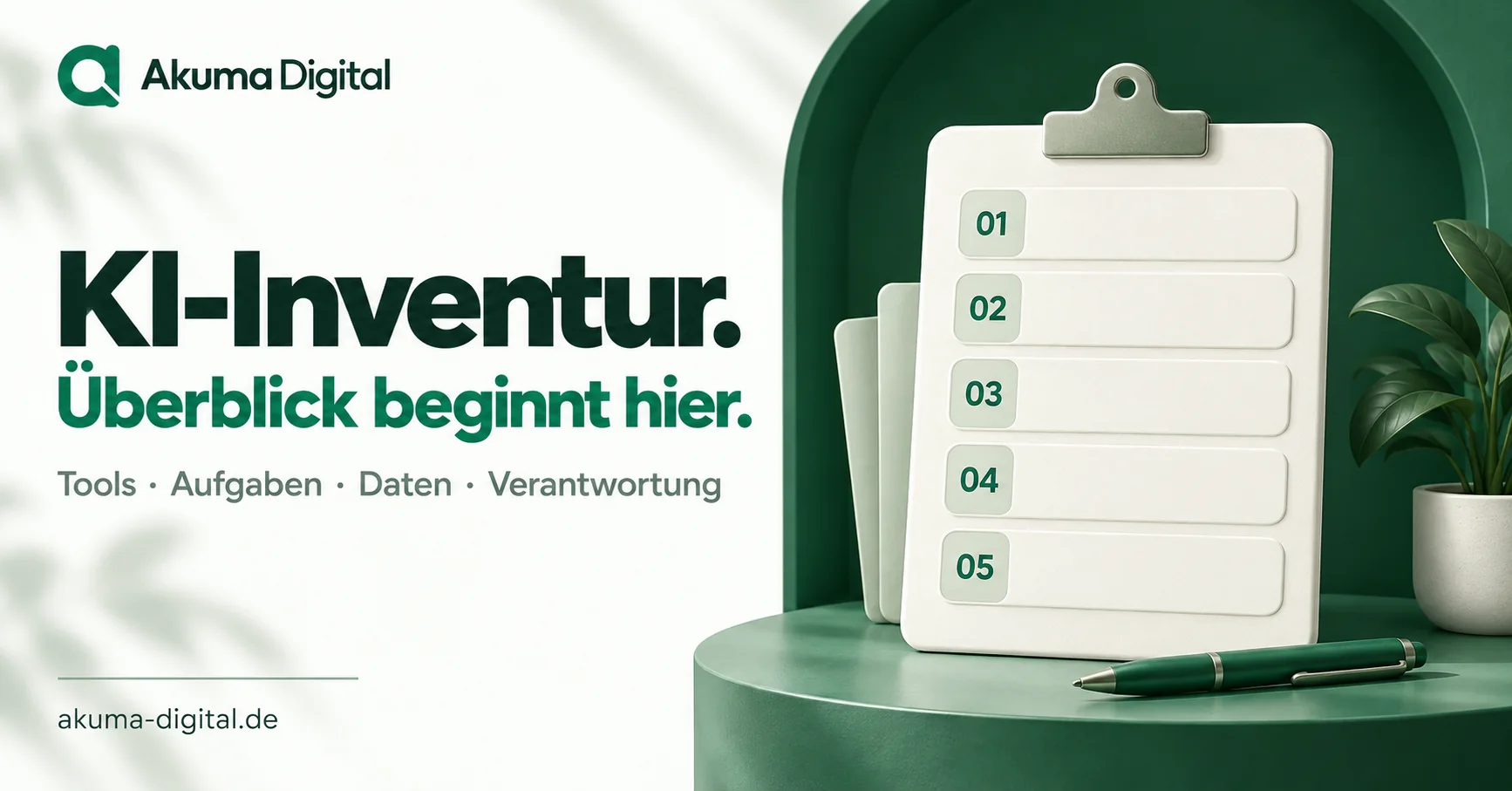 KI-Inventur: eine cremefarbene Übersicht mit fünf nummerierten Zeilen auf einem smaragdgrünen Podest.