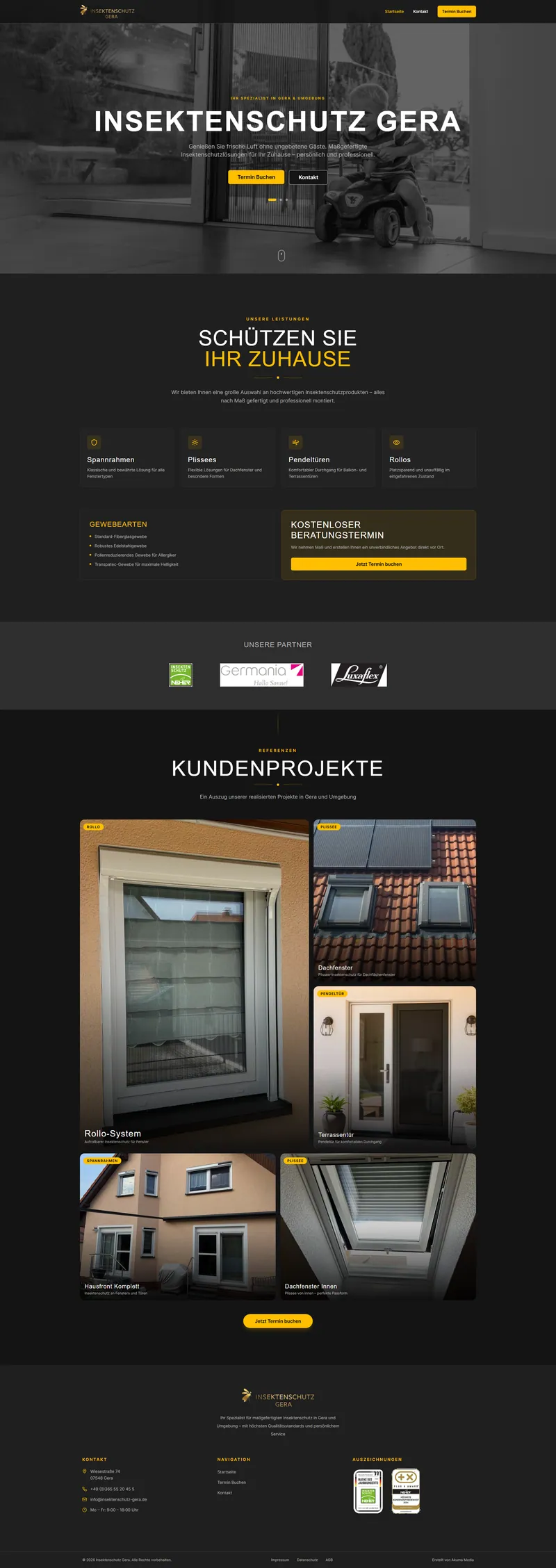 Gesamtansicht der Website von Insektenschutz Gera mit Leistungsübersicht, ausgeführten Arbeiten und Einstieg in die Terminbuchung.