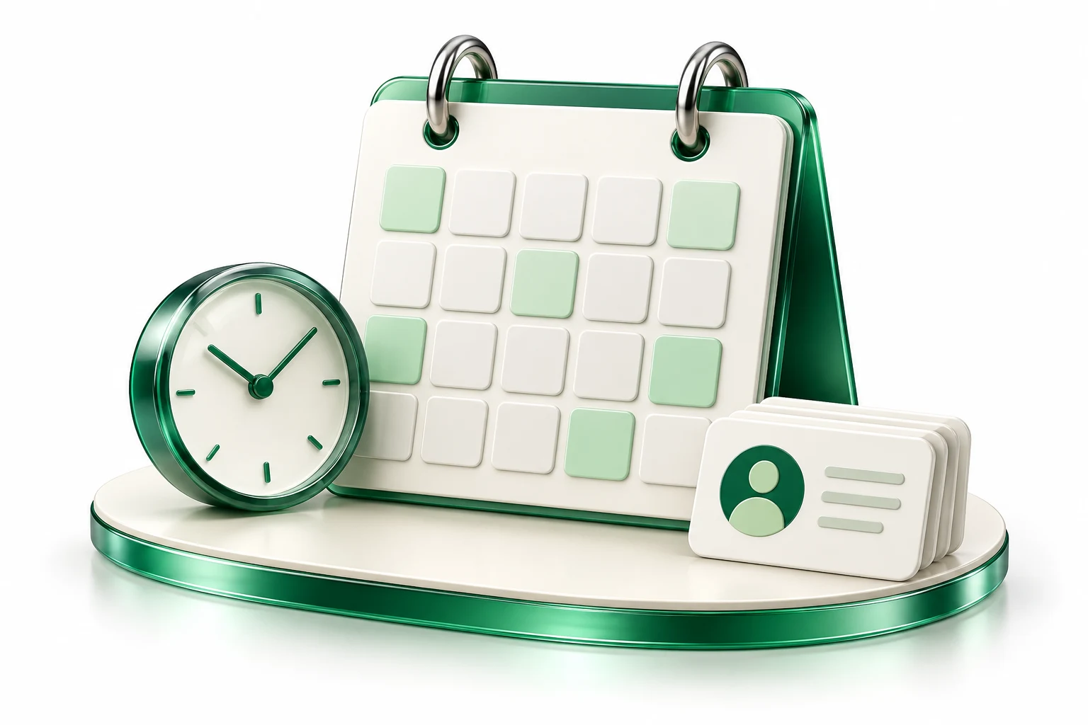 Kalender mit grünen Zeitblöcken: wiederkehrende Aufgaben füllen den Arbeitstag.