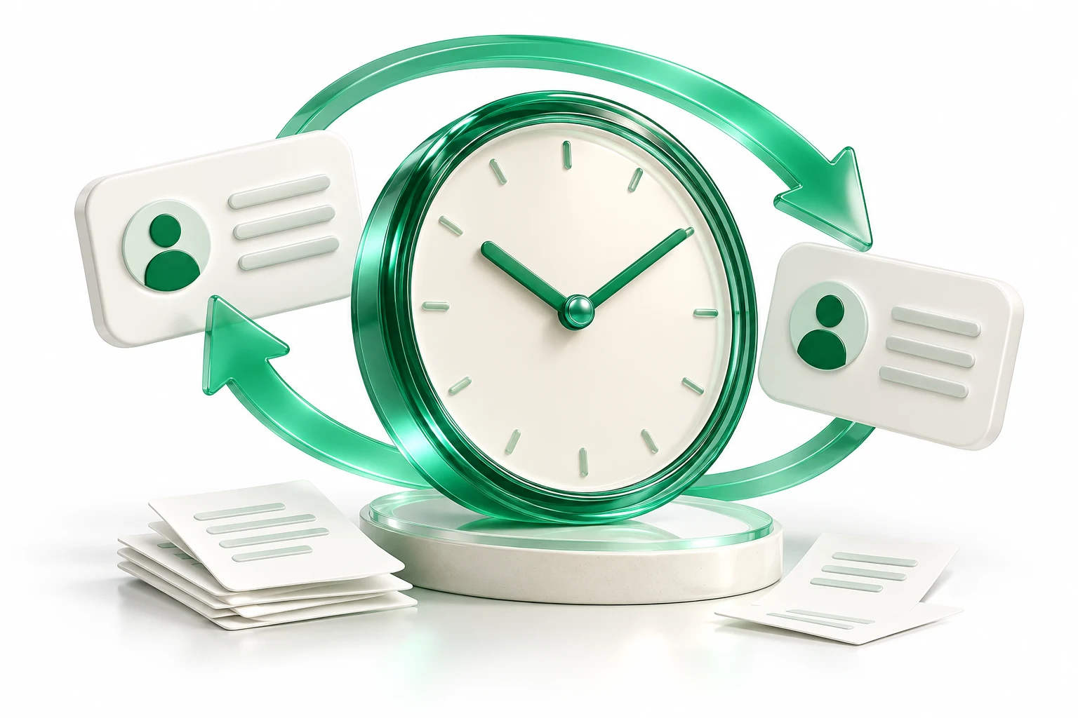 Grüne Uhr mit kreisenden Pfeilen, Datenkarten und Belegen – Illustration aus unserem Fünf-Minuten-Post.